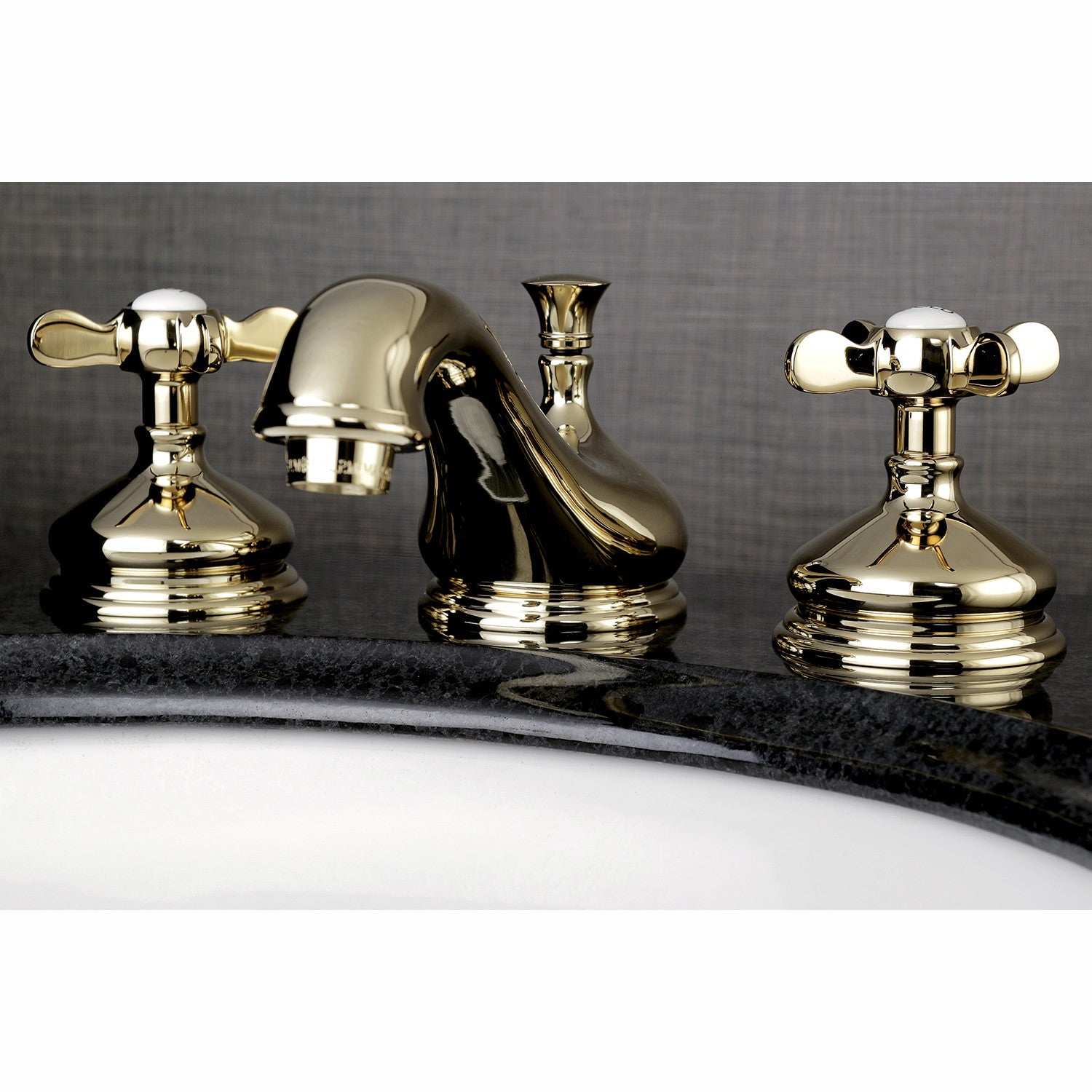Kingston Heirloom KS1162BEX - Essex Two-Handle 3-Hole Deck Mount Widespread Bathroom Faucet with Brass Pop-Up, Polished Brass — thumbnail 2